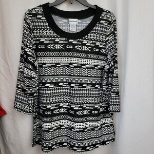 Bon Worth Blouse Retro Pullover Black White Geometric Large Mod Op Art stretchy